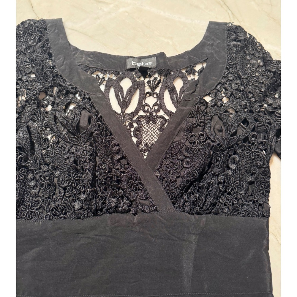 bebe Black Lace Crochet Silk Tiered Ruffle Mini Dress Puff Sleeve Womens Size XS - Picture 6 of 16